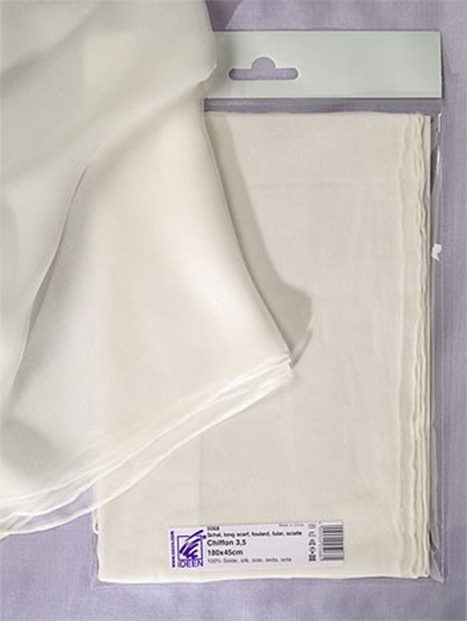 Selyem Chiffon 3.5 szegett sál, fehér, 180x45 cm széles